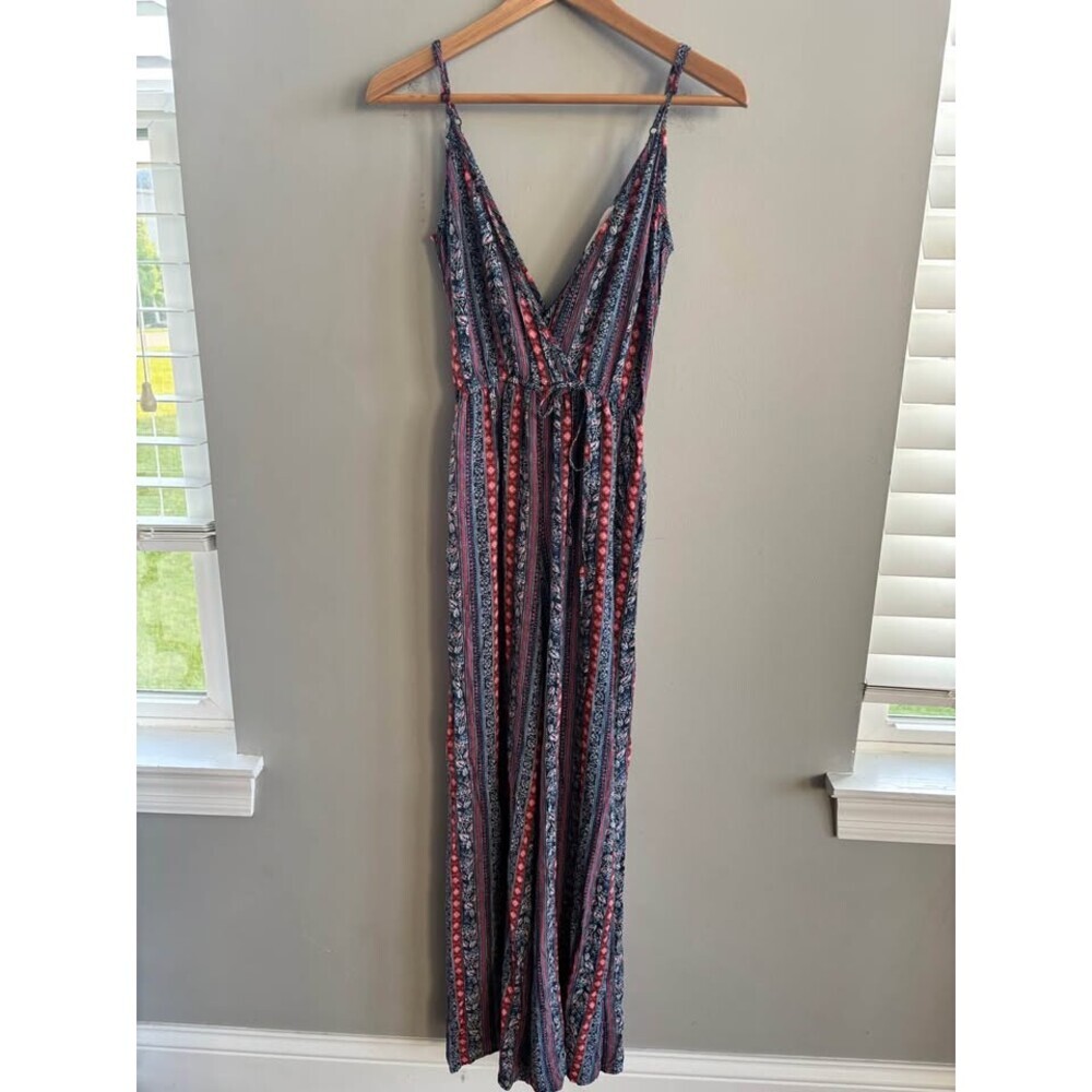 Band of Gypsies XS Blue Floral Stripe Wrap Jumpsuit